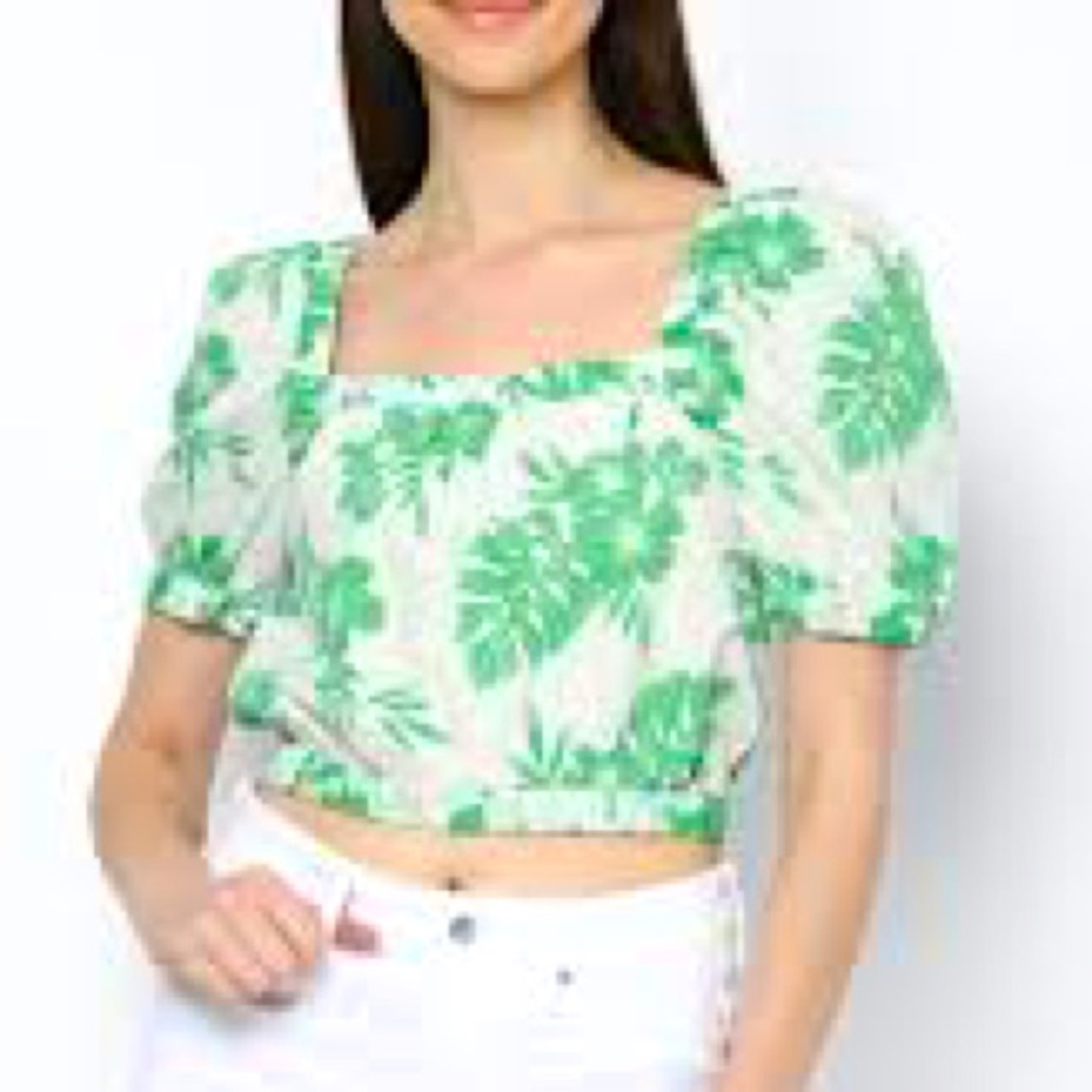 American Eagle white and green palm tree puff sleeve crop top size XL